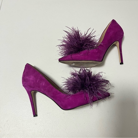 Sam Edelman Haide Feather Suede Leather Pom Pom Stiletto Pumps Heels Size 6 - Picture 3 of 8